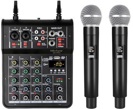 M4pro - Mixer audio DJ con sistema di console, 4 canali, alimentazione phantom da 48 V, con Bluetooth USB MP3 stereo-Live-DJ streaming con 2 microfoni a mano