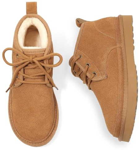 Litfun Fur Lined Ankle Boots for Women Genuine Suede Mini Booties Short Lace Up Snow Boots, Chestnut 39 (size 8-8.5)