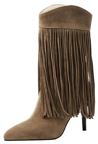HSyc JRX Stivaletti da donna con tacco alto con frange tacco a spillo stivali invernali, cachi, 34 EU