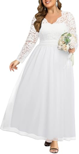 Talisea Plus Size Formal Wedding Dresses - Gowns Evening Prom Elegant V Neck Long Sleeve Lace Chiffon Long Maxi Dress, White, 20 Plus