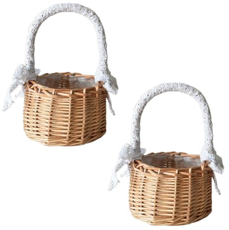 2 Pezzi Cestino Vimini Con Manico, Cesto Per Bomboniere, Mini Cestini Di Vimini, Cestino Vimini Intrecciato Con Nastro, Per Fiori In Vimini Cesti Intrecciati Con Nastro Cerimonie (A, Piccolo)