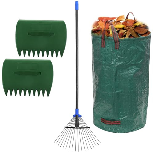 Adjustable Leaf Rake for Leaves with 32 Gallon Lawn and Leaf Bags & Leaf Scoops, Adult Kids Lawn Shrub Yard Landscape Garden Metal Rake with Expandable Head 8-17 Long Handle 30-60