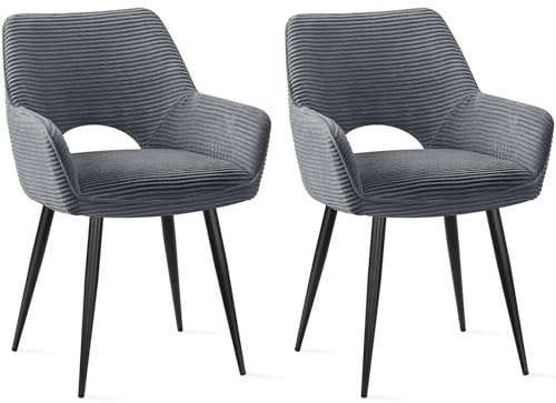 JIJIAN Dining Chairs Set of 2, Upholstered Armchairs with Soft Padded Seat, Ergonomic Backrest and Black Metal Legs for Kitchen & Dining Room, Grey