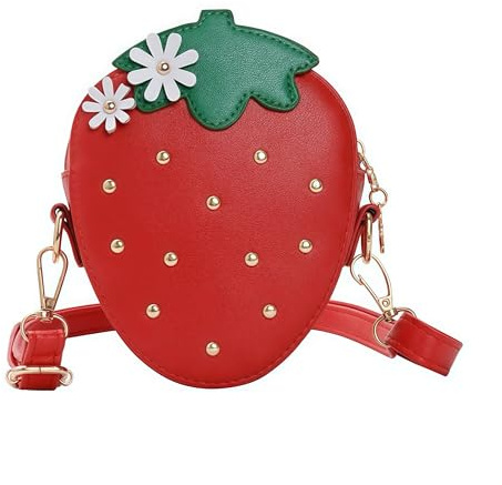 Süße Kindertasche 3D Erdbeere Schultertasche Blumen Handtasche Nieten Umhängetasche Mädchen Tasche Kinder Geldtäschchen für Prinzesschen (Rot)