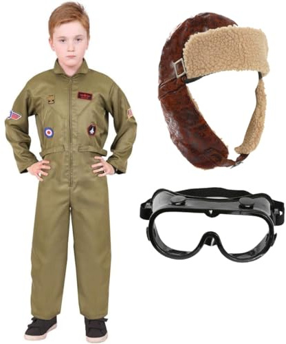 Costume da pilota dell'esercito per bambini, taglia M, tuta verde con toppe applicate, cappello da aviatore marrone, occhiali trasparenti, costume storico militare per ragazzi e ragazze