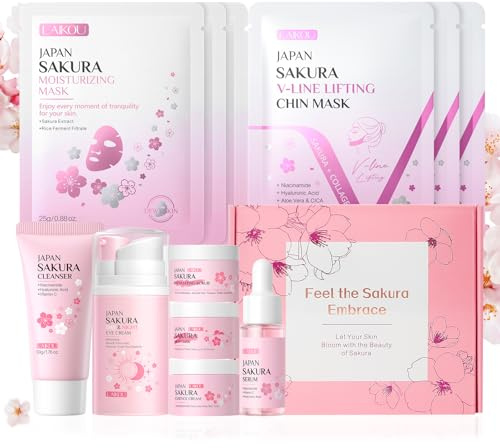 LAIKOU Set de Cuidado Facial Sakura, 8 Piezas Skincare Kit Pack Regalo Mujer para Rutina Facial, con Limpiador Sérum Mascarilla Cuello Hidratante Crema Contorno de Ojos Día y Noche (8pcs)