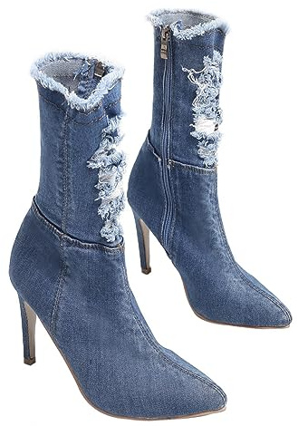 Beaupretty Women’s Non-slip High-heeled Denim Boots with Thin Heels, Lightweight Stretch Fabric Ankle Booties for Autumn and Winter, Size 41, Light Blue