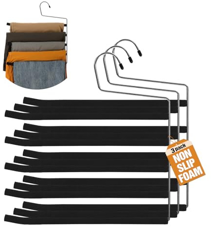 ICOFUPO Multi Layer Space Saving Non Slip Tiered Foam Padded No Creases Pants Hangers 5 Tier Steel Open Ended Black 3 Pack
