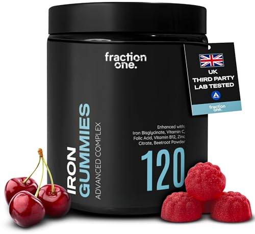 Fraction One Iron Gummies – 120 Gummies – with Vitamin C, Folic Acid, Vitamin B12 & Zinc – Iron Bisglycinate & Beetroot Powder - Vegetarian & Vegan Friendly – Cherry Flavour – 60 Days Supply