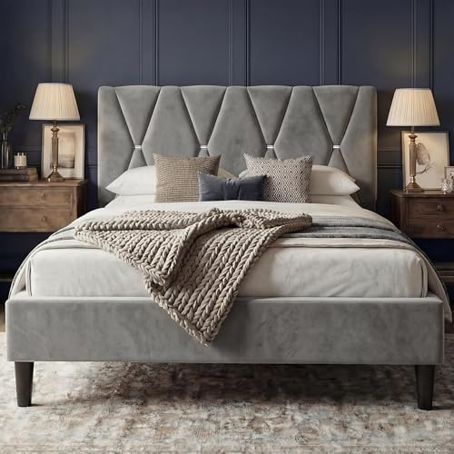 Blisswood 5ft King Size Bed Frame with Adjustable Headboard Height, Upholstered Platform, Noise-Free, Velvet Fabric, Wooden Slat Support, Under Bed Storage, Bed King Size Beds 156x204.5 CM, Light Grey