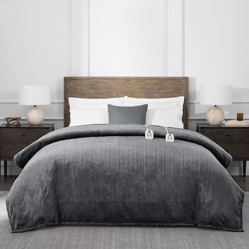Brookstone Electric Heated Comfort Plush Herringbone Blanket w/ 10 Heat Settings - Adjustable Timer - Dryer Safe - King Blanket - Charcoal