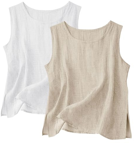 2 Pack Vest Cotton Linen Tank Tops for Women UK, Summer Sleeveless T-Shirt Crew Neck Lounge Vests Lightweight Breathable Cami Solid Color Plain Casual Tee Shirts Trendy Blouse Ladies Tank Tops