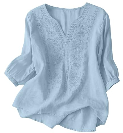 Yinguo Ladies Tops Women's Summer Cotton Linen Shirts - Boho Short Sleeve T-Shirt V Neck Tunic Fashion Baggy Solid Plain Casual Shirts Trendy Blouse for Daily Holiday Hikking