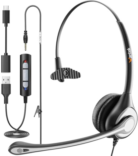 Wantek Auriculares USB con micrófono para laptop, auriculares de PC con cancelación de ruido de micrófono, auriculares de computadora con control de volumen en línea y silencio, compatibles con