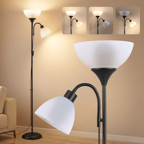 VASAGLE Lámpara de Pie LED de Hierro, con Luz de Lectura Ajustable | sin Bombilla, 38,5 x 23,5 x 176 cm, para Salón y Oficina, Negro Mate, Colección LUSIA LFL019B102