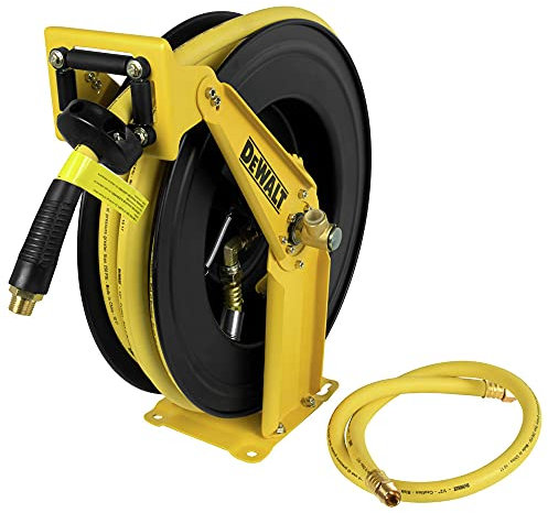 DEWALT Auto Retracting Air Hose Reel, 1/2 in. x 50' Premium Rubber Hose with 4' Lead, Self Leveling Design for Air Compressor, Ideal for Home Improvement Projects, Durable Hose Reel