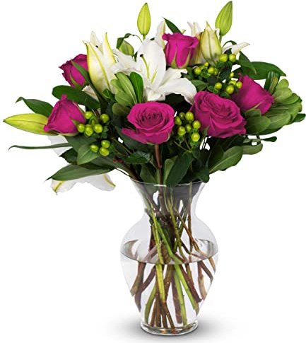 Benchmark Bouquets - Elegant Pink Roses and Lily Flower Bouquet - Fresh Flowers for Delivery - Real Flowers in a Vase - Birthday Gifts for Her (Glass Vase Included)