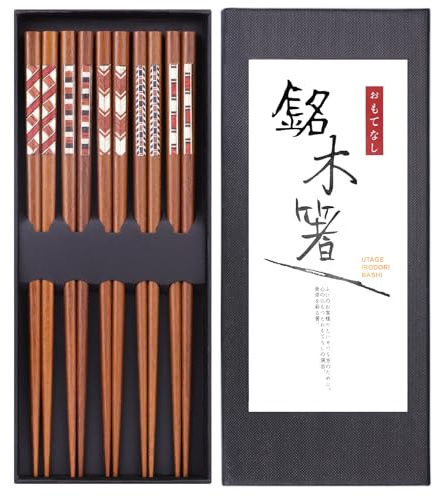 HAUTOCO 5 Pairs Hardwood Chopsticks Reusable Chopstick Set for Gift, Natural Wood Japanese Chinese Minimalism Style Chop Sticks, Dishwasher Safe, 22.8cm