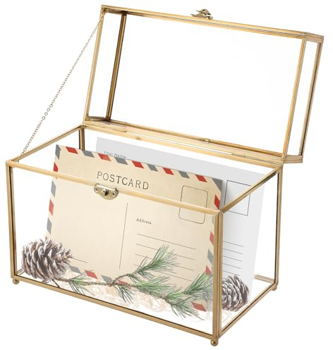 AMGSH Large Capacity Golden Vintage Glass Keepsake Box | Wedding Card Box Glass Jwelry Lidded Box Decorative Box for Display,Clear Rectangle Box Rings Bracelet Earring Organizer (10 x 5.7 x 7.8inch)