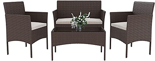 Bricozone Set Di Mobili da Giardino in Rattan 4 Posti Salottino Salotto E Tavolino Con Ripiano In Vetro 2 Poltrone E Divano 2 Posti Con Cuscini Sfoderabili Esterno Piscina Veranda Terrazzo (Brown)