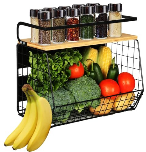 Ofiray-home Magnetic Storage Rack for Fridge with Wood Lid – Large Metal Basket for Fruit, Onion, Potato & Pantry Organisation – Magnetic Spice Rack for Refrigerator, Cabinet or Kitchen Countertop