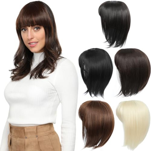 PARXITN Topper per capelli da donna, posticci sintetici, 45 cm, parrucchino con frangia, parrucche dritte, posticci per capelli sottili, marrone più scuro
