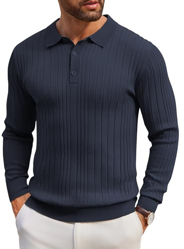 COOFANDY Maglione da uomo con colletto polo a maniche lunghe, maglia fine, vestibilità normale, basic tinta unita, A-blu scuro., M
