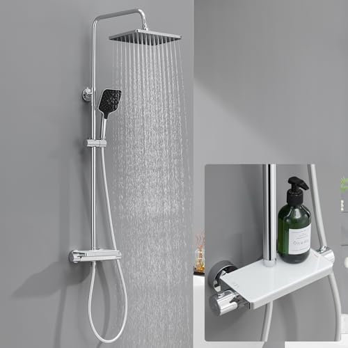 Lonheo Duschsystem mit Thermostat, Duscharmatur Komplettset mit Glasablage, Regendusche mit Armatur und 30X19cm Duschkopf, Handbrause mit 3 Strahlarten und PVC Duschschlauch, 88-124cm Höhenverstellbar