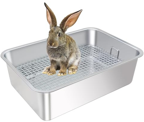 HUQIZOO Large Stainless Steel Rabbit Litter Box,Bunny Litter Pan with Widened Grid,Toilet Tray,High Back Wall,Deep Waste Storage (Large)