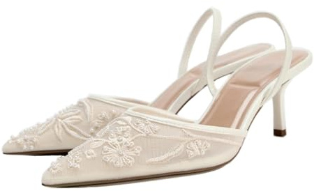 Donne Embroidered Mesh Cinturino sul retrò Heels - Thin Heels Appuntito Elastico Strap Elegant Festa & Dress Scarpe per Donne Le Signore Ragazze Bianco Numero 38