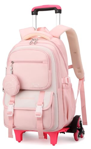 Tanou Cartable a Roulette Fille, 30L Sac à Dos ado College Décontracté avec Trolley, Sac a Dos à Roulettes Primaire Détachable pour l'école Voyage, 6 Roues, Rose