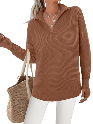 KISSMODA Womens Long Sleeve Zip Pullover Sweater Casual Loose V Neck Collared Jumper Ribbed Knit Lightweight Solid Sweatshirts Fall Tunic Tops