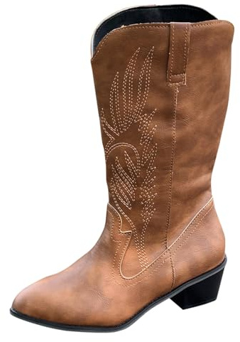 Cowboystiefel Damen Mittel Hoch Reitstiefel Damen Weite Wade, Schlupfstiefel Stickerei Blume Cowgirl Stiefel Mit Blockabsatz Trachtenstiefel Spitze Cowgirl Stiefel Halbstiefel Westernstiefel