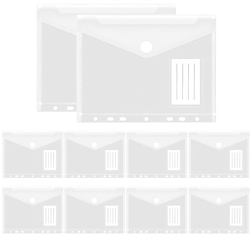 VOSSOT 10 PCS Portadocumentos A5 con Etiqueta, Carpeta A5 Transparente de Plástico PP Impermeable, Fundas de Plástico a5 con 7 Agujeros, Sobres de Plásticos Pequeños para Oficina, Escuela y Hogar