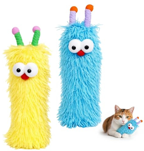 GegXcn 2 Pcs Catnip Plush Toys for Indoor Cats, Soft Long Strip Cat Toy with Natural Catnip, Interactive Play Stimulation for Kittens and Adult Cats, Yellow and Blue