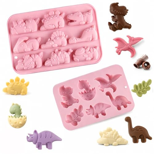 Rongxze Set di 2 stampi per biscotti in silicone a forma di dinosauro, colore rosa