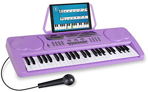 McGrey BK-4910VT Keyboard - Kinder Keyboard mit 49 Tasten - Einsteigerkeyboard mit 16 Sounds und 10 Rhythmen - Piano mit Lernfunktion, Mikrofon für Gesang und Notenständer - Lila