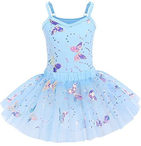 IWEMEK Mädchen Ballettkleid Ärmellos Pailletten Schmetterling Balletttrikot Ballettanzug Tanzkleid Tanzbody Top mit Tütü Rock Ballettrock 2tlg Kinder Ballettkleidung Gymnastik Blau 7-8 Years