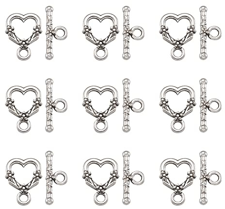 Bestewelry Set di 20 chiusure a levetta in argento tibetano a forma di cuore, in lega di colore argento antico, chiusura a gancio, connettori per la creazione di gioielli, braccialetti e collane fai