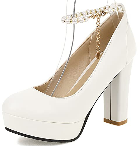 Décolleté con Tacco Largo da Donna, Pompe al Tallone Alto Punta Rotonda Fibbia Scarpe da Festa con Plateau con Cinturino alla Caviglia Beaded Eleganti Mowqtp Bianco Numero 46 EU