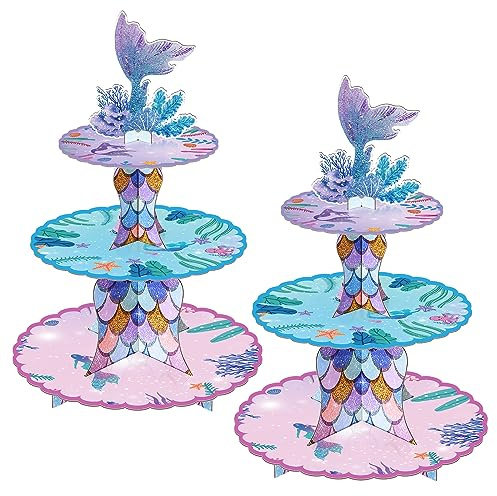 2 Pack Mermaid Cupcake Stand Birthday Party Decorations Under The Sea Favor