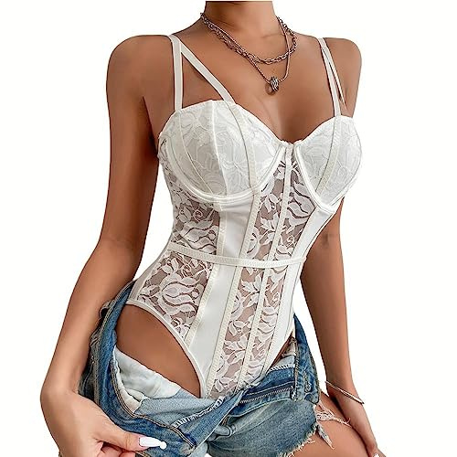 Rongseng Body Femme Sexy Bodysuit en Dentelle Florale Bretelles Spaghetti Bodys en Maille Transparente Bodycon Combinaisons Jumpsuit Tops Dos Nu Élégant Lingerie Party Justaucorps Clubwear