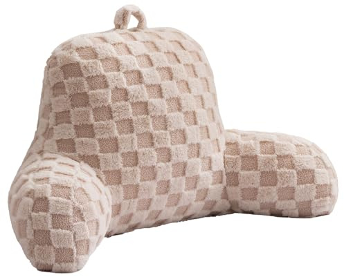Aimuan Reading Pillow Checkered Bed Rest Wedge Backrest Checkerboard Pillow with Arms Back Support for Sitting Up in Bed Cushion Incline Rest Sleeping Snoring Pillow (Beige,Large)