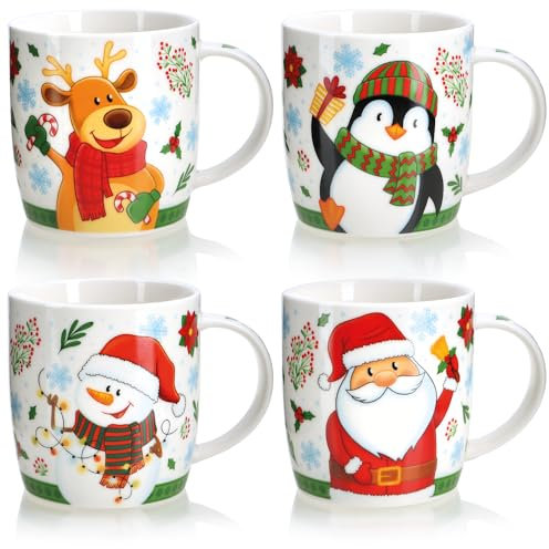 com-four® 4X Kaffeebecher aus Keramik - Kaffee-Tasse in weihnachtlichem Design - Kaffeepott für Kalt- und Heißgetränke - Bunte Henkeltassen zur Adventszeit 350 ml (Weihnachten - 350ml)