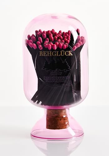 REHGLÜCK Schwarzwald, Dekorativ glasklocka fylld med ca 120 10 cm långa tändstickor, inklusive tändningsplan (rosa glasklocka – tändstickor: svart kropp, rosa huvud)