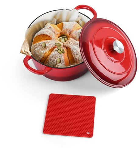 Herogo Schmortopf aus emailliertem Gusseisen, 6 Quart mit Deckel und Silikon-Untersetzer, runder Dutch Oven Topf rot mit Doppelgriffen zum Brotbacken, Schmoren, Braten verschiedener Herde & ofenfest