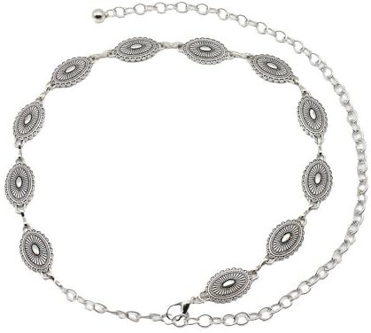 QKEPCY Gürtel Kettengürtel Damen Western Metall Concho Silber Einstellbar Taillenkette Mode Taillen Gürtel für Jeanskleider