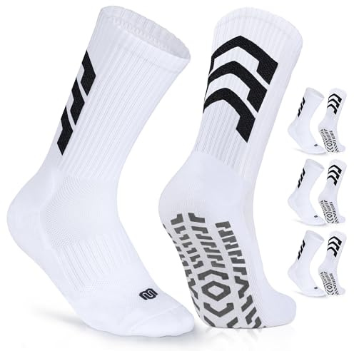 CLOSEMATE Football Grip Socks Non Slip Sport Socks for Men Women with Anti Blister Pads Wicking Breathable Cushioned Soccer Running 3 Pairs(3White, Size M)