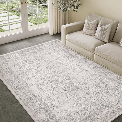 HUGEAR Vintage Vardagsrum Matta 150x210cm Grå Tvättbar Stor Mattor | Halkfri,Sovrumsmatta Rug,Sovrum,Kort Lugg Carpet,Matsal Rugs,Kontor Carpet,Barnrum,Inomhusbruk Golvmatta
