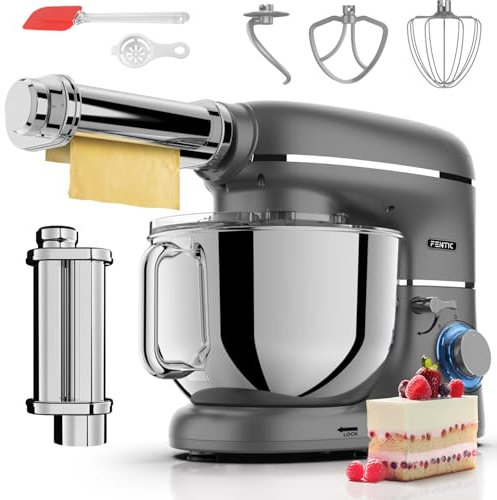 Fentic Kuchenmaschine mit Nudelmaschine – 2000W – Knetmaschine mit Nudelmaschine Elektrische – Pasta Maker - 6,2L Edelstahl Rührschüssel (Grau)
